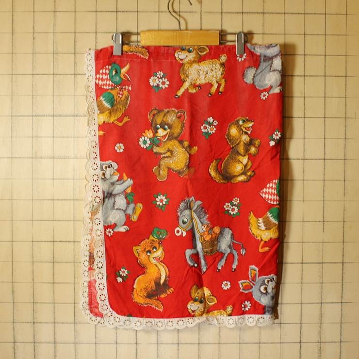 1960s Vintage sheet cloth cover USA edge torn remake total pattern u maca mo cat dog bear sheep squirrel 