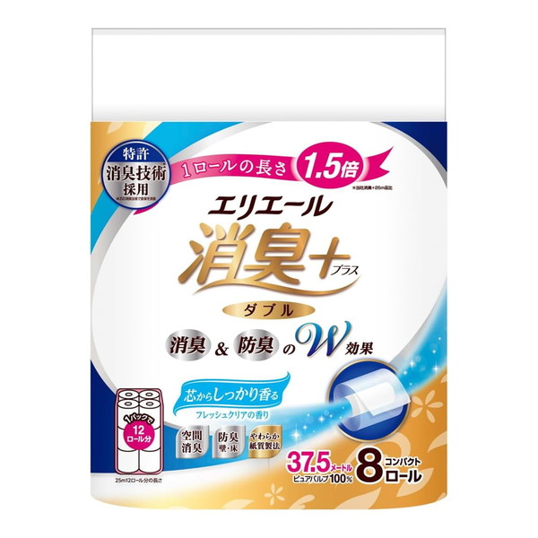 エリエール 消臭＋ トイレットティシュー 芯からしっかり香るフレッシュクリアの香り コンパクト ダブル 37.5m 8ロール × 1パックの商品画像