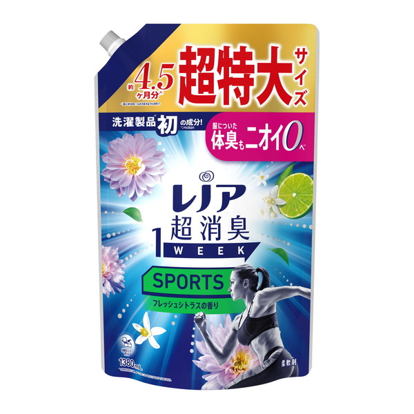 レノア超消臭1WEEK スポーツ（デオX） フレッシュシトラス（ブルー）の香り 柔軟剤 詰替用 1380ml × 6個の商品画像
