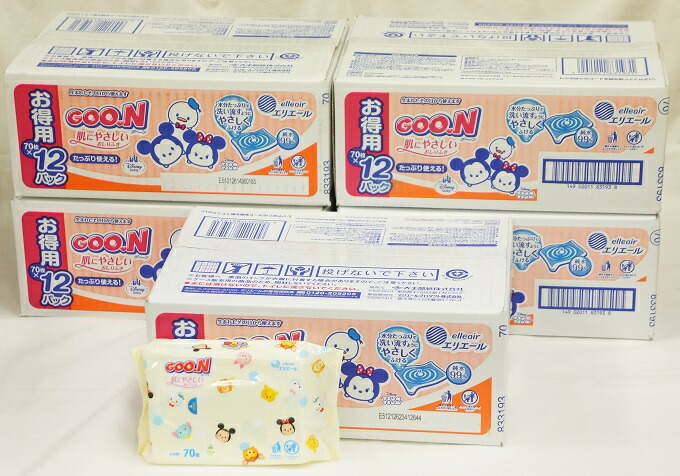 エリエール グーン 肌にやさしいおしりふき ディズニーツムツムデザイン （70枚入）×60パック （4200枚） 4902011831931 GOO.N グーン 肌にやさしいおしりふき ベビー用おしりふきの商品画像