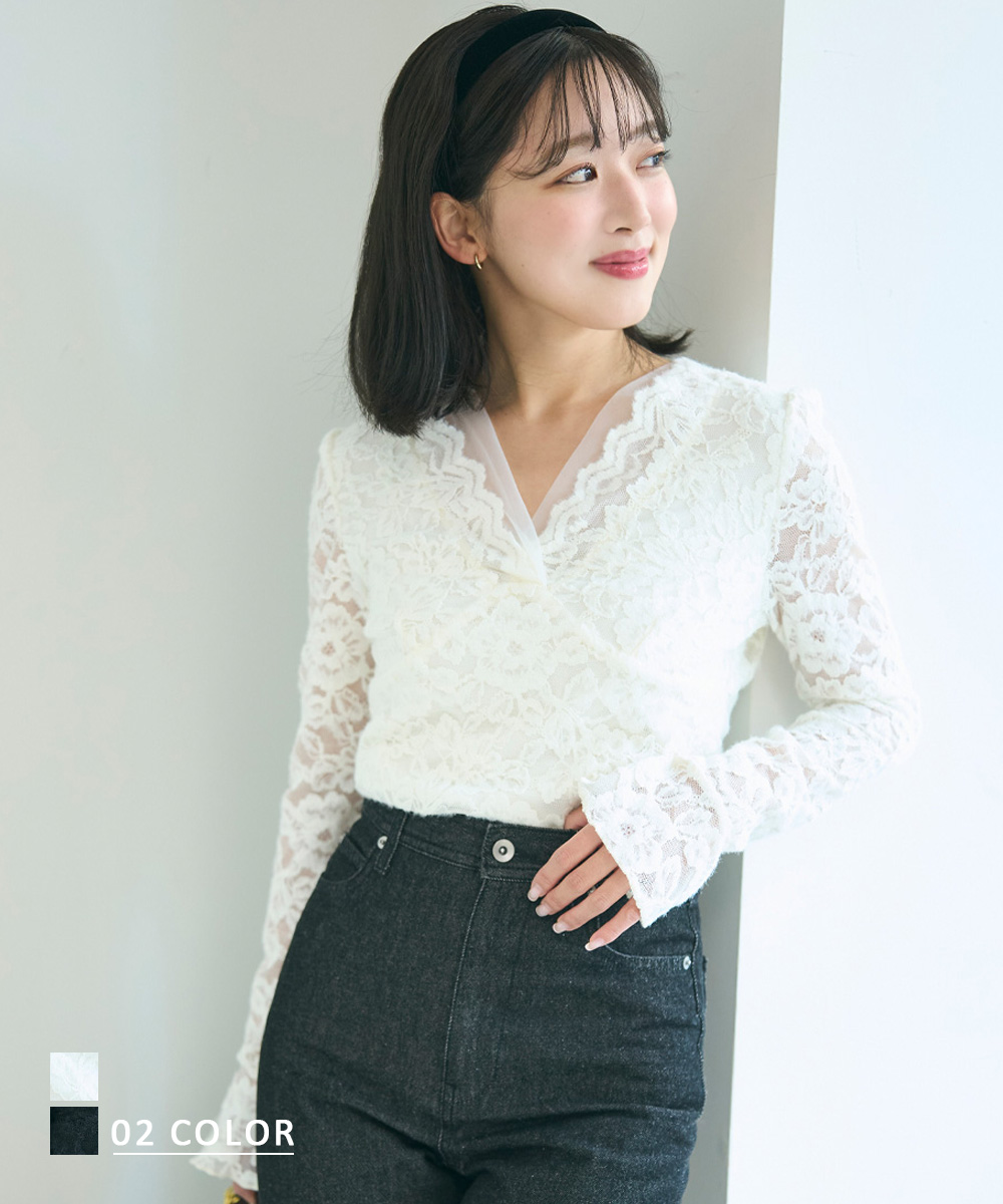 Vネック総レースフレアトップス