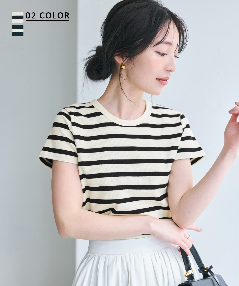 半袖クルーネックボーダートップス