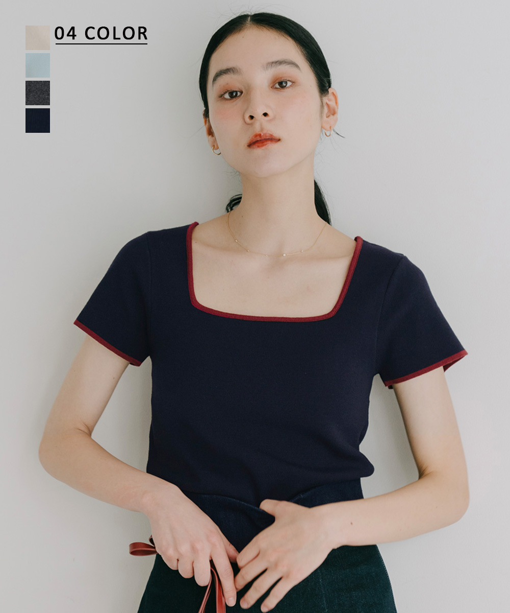 バイカラー半袖ニットトップス