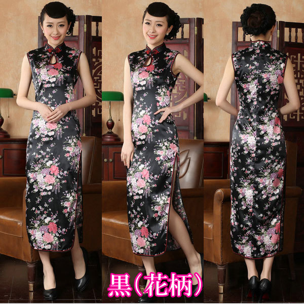  шелк . платье в китайском стиле цветочный принт orkjak рисунок длинное платье безрукавка 