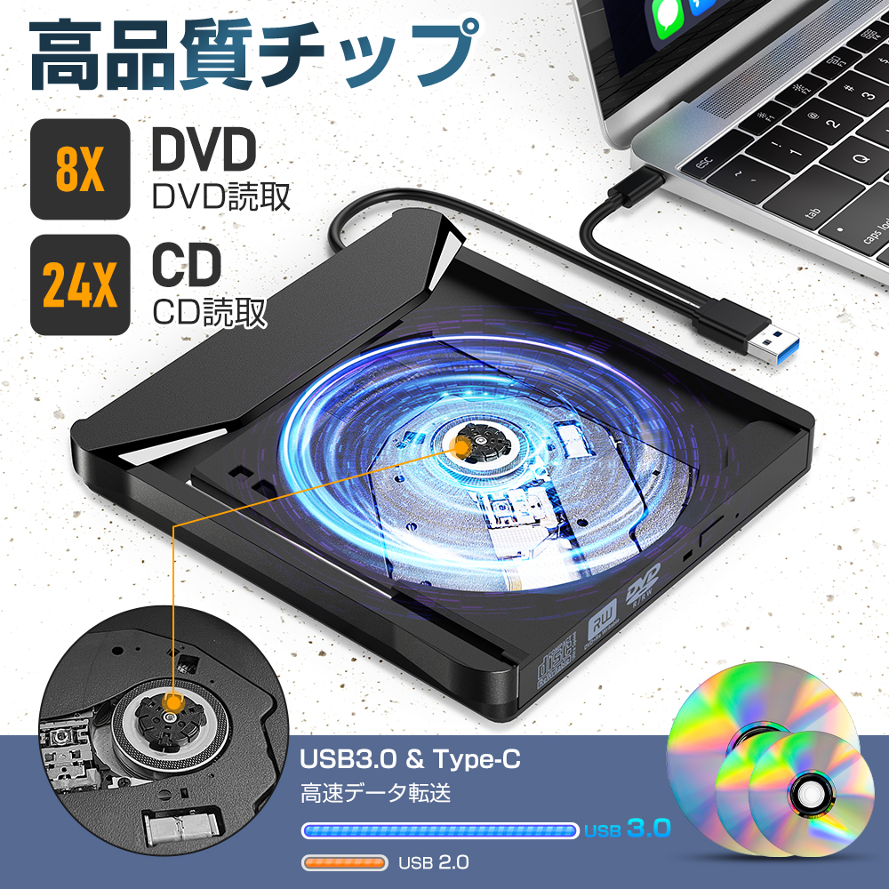 [ multifunction 6in1] DVD Drive attached outside USB3.0 portable Drive CD/DVD player typeC/USB port quiet sound high speed light weight TF card /SD card CD/DVD readout * writing 