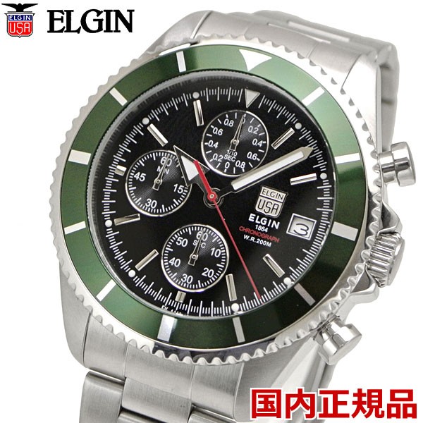 エルジン ELGIN クロノグラフ200M防水腕時計 FK1418S-GR（ブラック