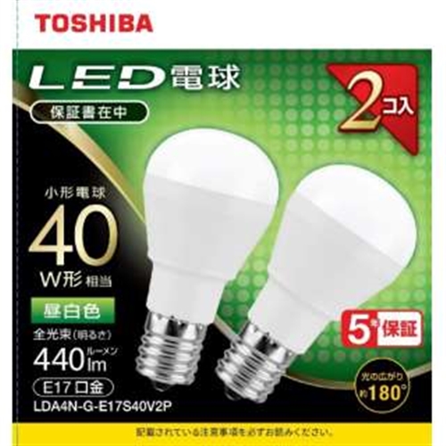 TOSHIBA 【2個】 LED電球 LDA4N-G-E17S40V2P （昼白色） 東芝ライテック LED電球、LED蛍光灯の商品画像