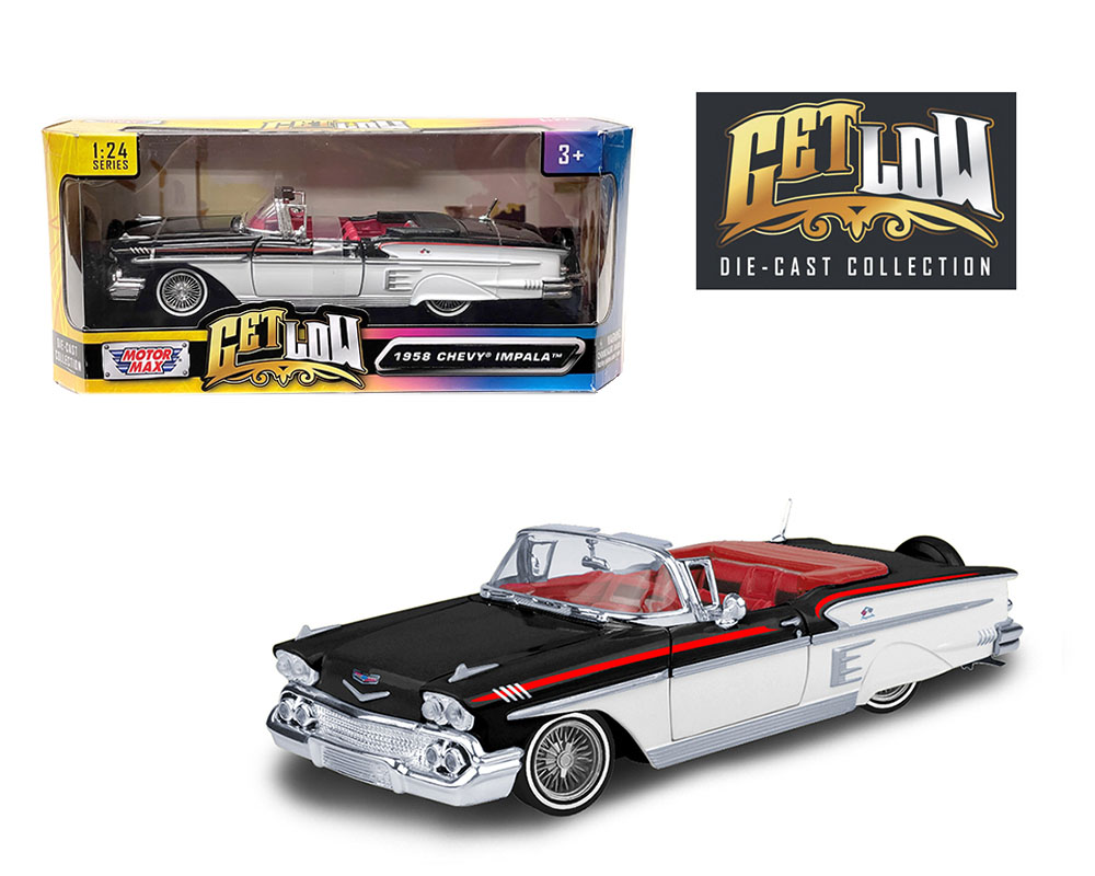 1958 Chevy Impala Convertible Lowrider Black and White with Red Interior Ge おもちゃのミニカーの商品画像