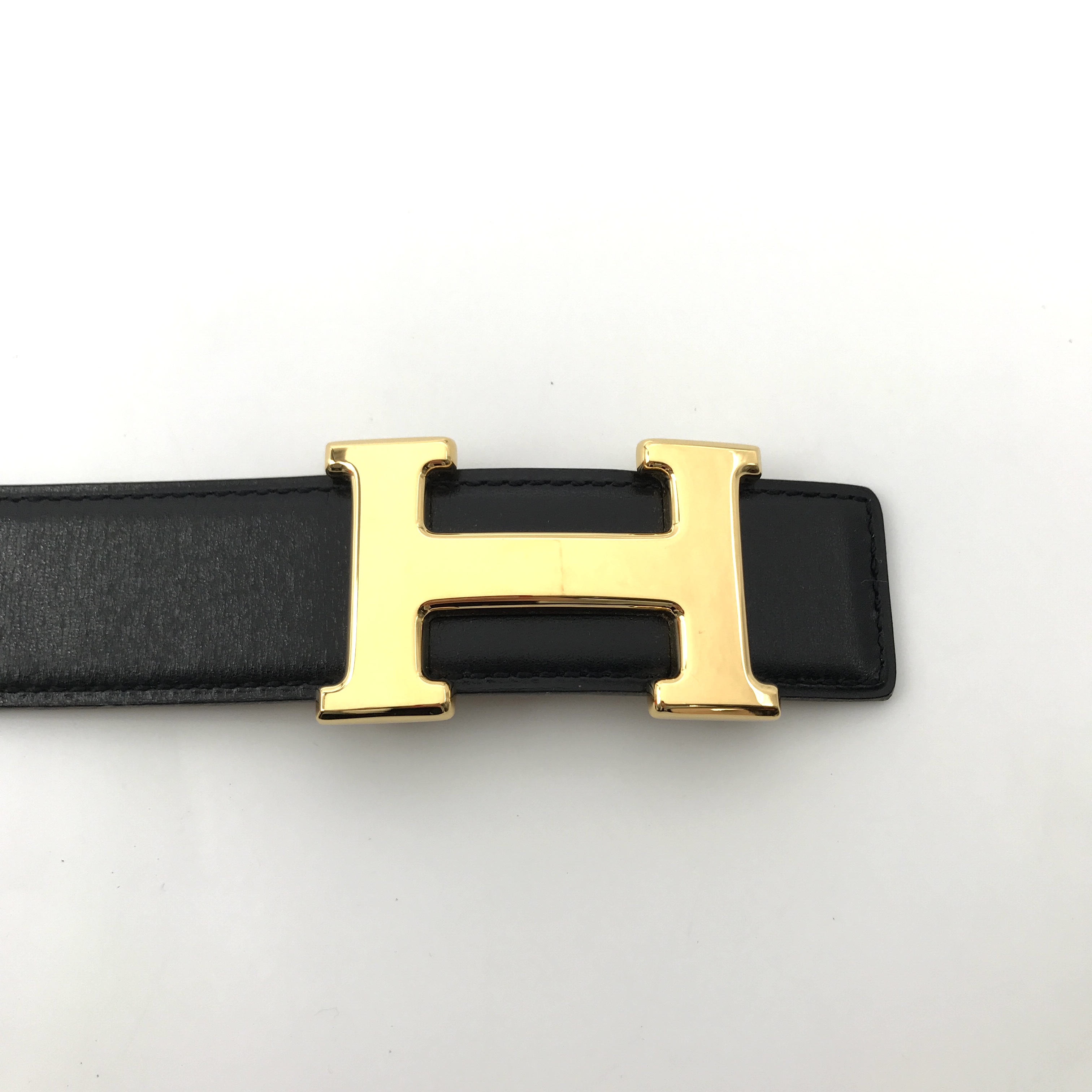 HERMES Hermes leather navy blue Stan sH buckle reversible belt 70 maru Z stamp black x Gold unused storage goods M10909