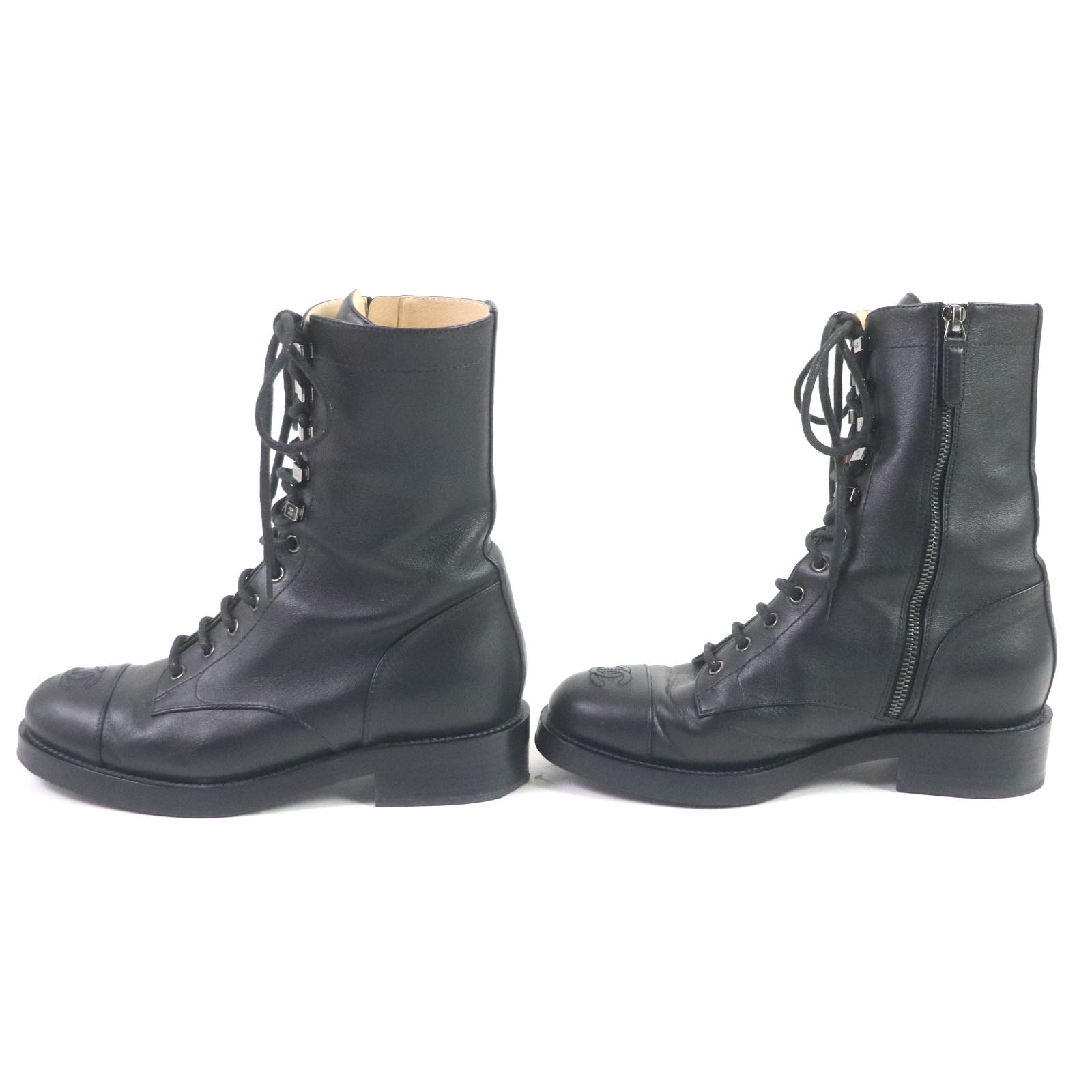  beautiful goods * Chanel G34953 leather here Mark stitch design cap tu side Zip race up ankle boots black 38.5 made in Italy 