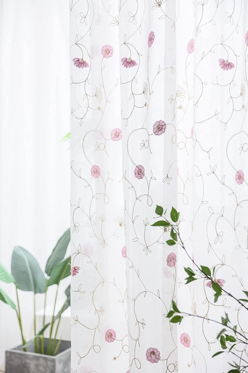 [ sales sale ]Ponoapo Noah lace curtain 2 sheets set stylish embroidery floral print lovely curtain pink 