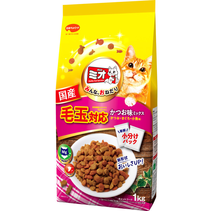 日本ペットフード ミオドライミックス 毛玉対応 かつお味 1kg（500g×2袋入）×10個 ミオ 猫用ドライフードの商品画像
