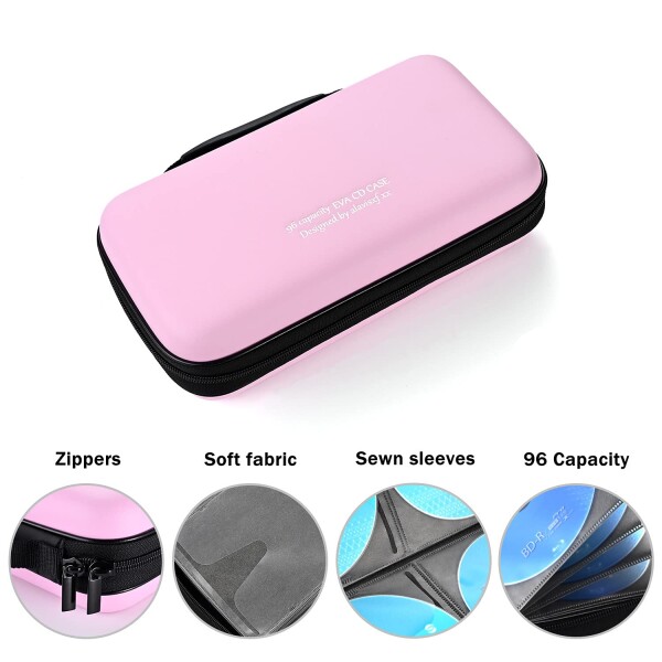 LIOVODE 96 pcs storage CD case portable EVA blu-ray disk storage case high capacity DVD/VCD storage (96 sheets, pink 9