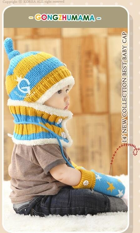  knitted cap .&amp; muffler 2 point set ear till warm cap baby Kids for children knit cap lovely baby knit cap cap birthday celebration of a birth protection against cold hat 