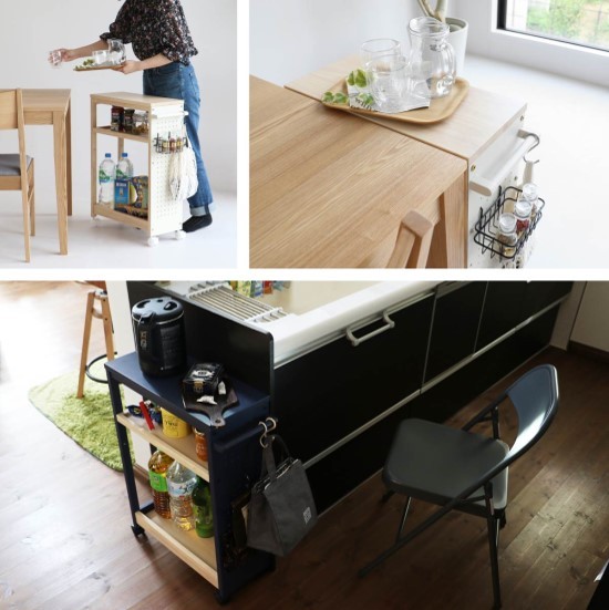 木製ワゴン　有効ボード付き　フック付きワゴン 2段　ミシンワゴン 木製ワゴン 有効ボード付き フック付きワゴン 2段 ミシンワゴン