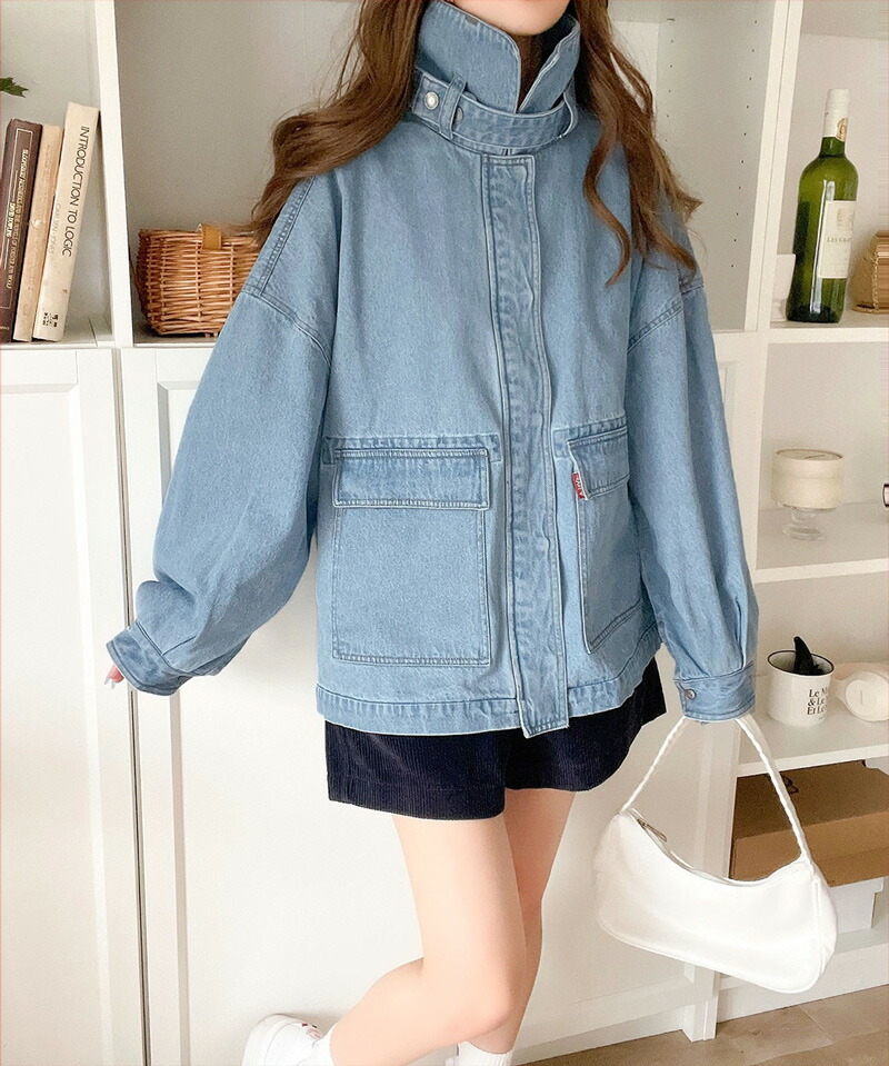 {java Java collaboration } free shipping coat jacket lady's outer blouson Denim G Jean belt attaching collar stand-up collar long season high‐necked 