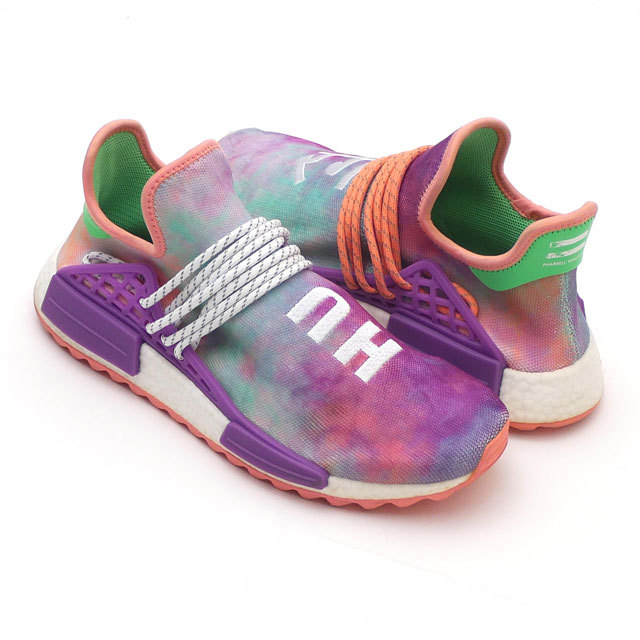 PHARRELL WILLIAMS × NMD MC HUMANRACE HOLI "CHALK CORAL" AC7034 （チョークコーラル/フラッシュグリーン/ラボパープル）