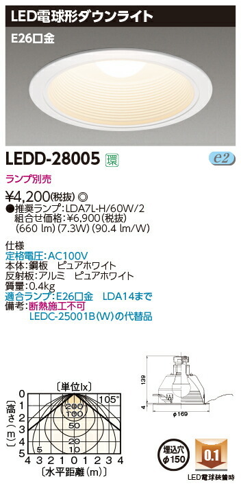 TOSHIBA LEDダウンライト LEDD-28005 （ピュアホワイト） 東芝ライテック ダウンライト、LEDダウンライトの商品画像