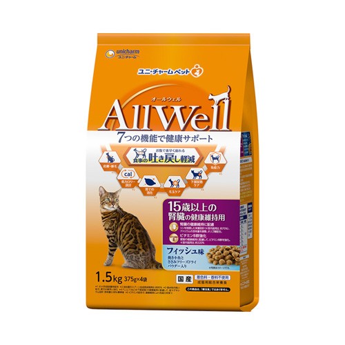 unicharm AllWell 15歳以上の腎臓の健康維持用 1.5kg（375g×4袋）×1個 ユニ・チャームペット AllWell 猫用ドライフードの商品画像