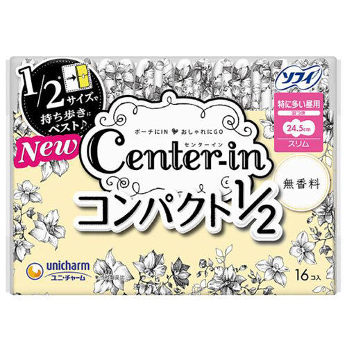 unicharm ソフィ センターイン コンパクト1/2 スリム 特に多い昼用 羽つき 24.5cm 無香 16コ入り×1コ センターイン 生理用ナプキンの商品画像