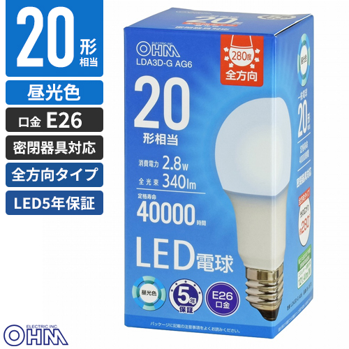 OHM LED電球 LDA3D-G AG6 （昼光色） ×1個 LED電球、LED蛍光灯の商品画像