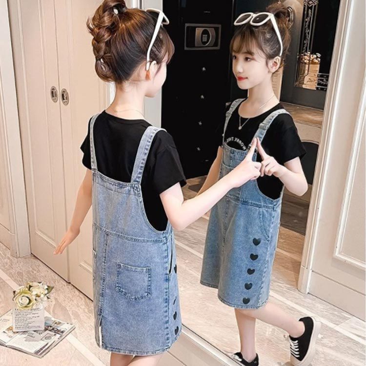  Kids Denim юбка лето шляпа широкий юбка комбинезон все в одном короткий рукав девочка джинсы One-piece бесплатная доставка ребенок одежда Kids одежда симпатичный 