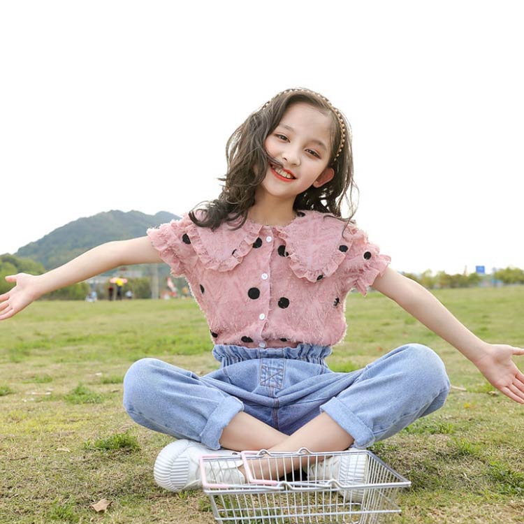  выставить девочка рубашка Denim брюки Kids длинные брюки верх и низ в комплекте длинный длина брюки 2 позиций комплект джинсы ... точка полька-дот лето короткий рукав ...