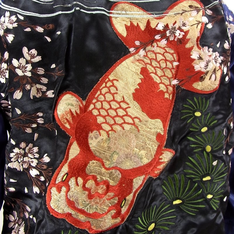 старый ткань . Sakura золотая рыбка вышивка Japanese sovenir jacket цветок . приятный .SSJ-027 мир рисунок 