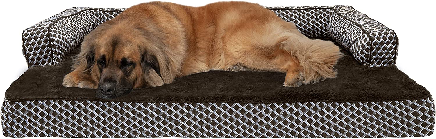 Furhaven XXL Cooling Gel Foam Dog Bed Comfy Couch Plush &amp; Decor Sofa-Style w/ Removable Washable Cover - Diamond Brown Jumbo Plus (XX-Large)