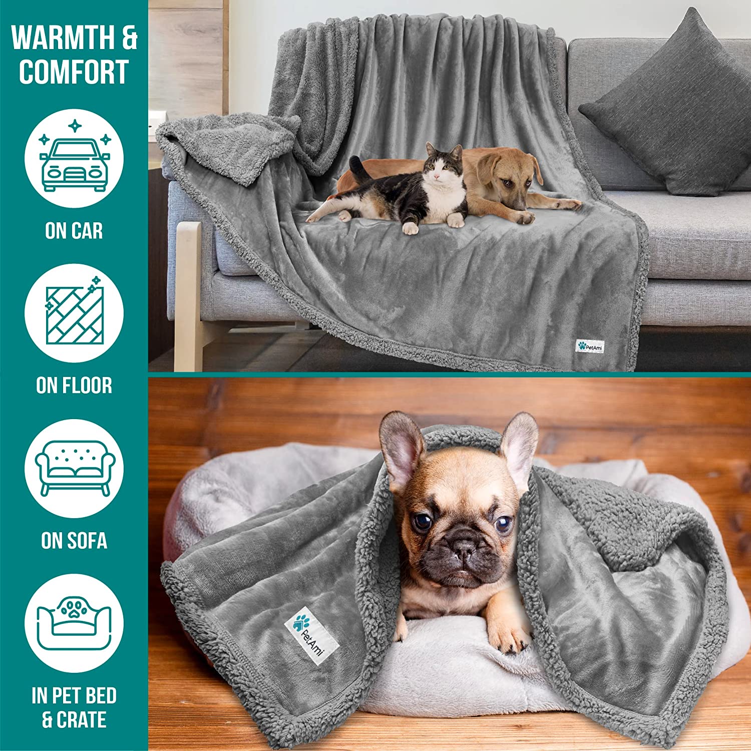 PetAmi Waterproof Dog Blanket for Bed Couch Sofa | Waterproof Dog Bed Cover for Large Dogs| Grey Sherpa Fleece Pet Blanket Furniture Protector | Re