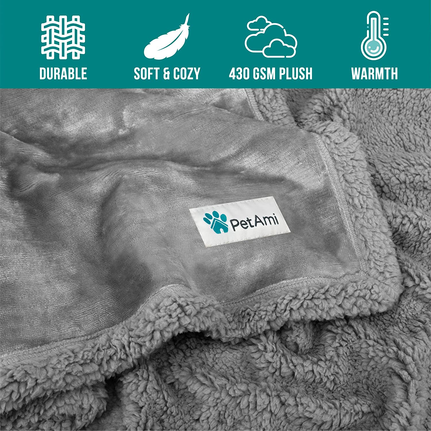 PetAmi Waterproof Dog Blanket for Bed Couch Sofa | Waterproof Dog Bed Cover for Large Dogs| Grey Sherpa Fleece Pet Blanket Furniture Protector | Re