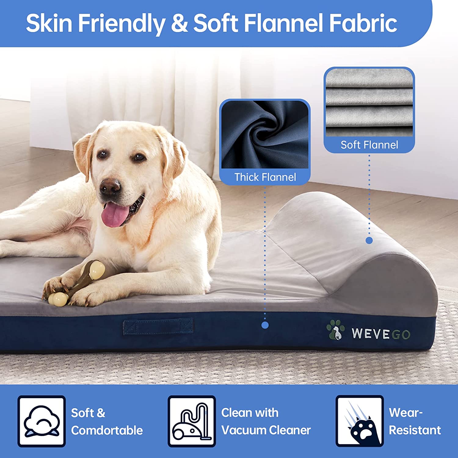 Orthopedic Dog Bed Large Dog Bed with Pillow Thicken Gel Memory Foam Flannel Fabric Dog Bed Durable Waterproof Liner &amp; Removable Washable Cover