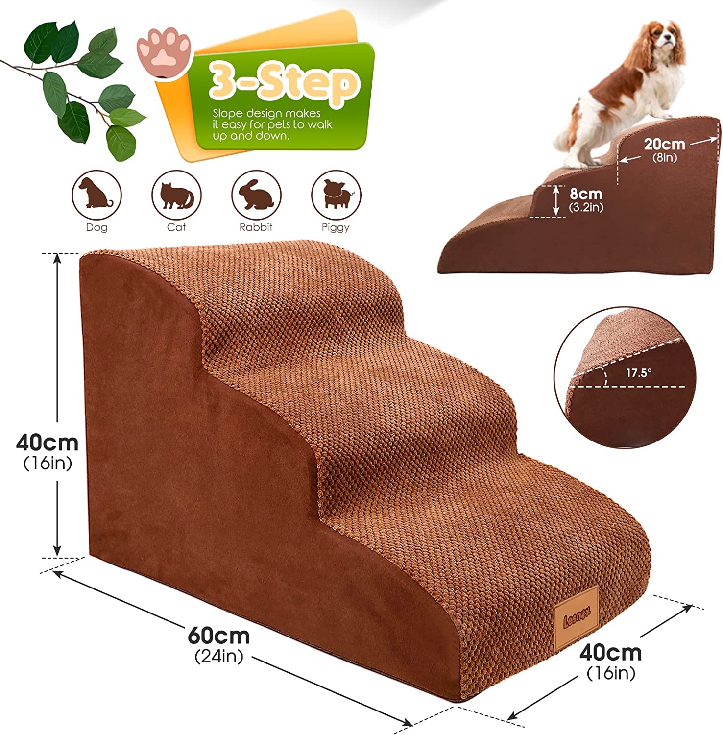 Lesnox Foam Dog Stairs/Steps 3 Tiers Pet Ramp/Ladder Non-Slip for Bed Couch Sofa for Small Dogs Cats with Old/ Injured/ Short-Legged 15.7H Br