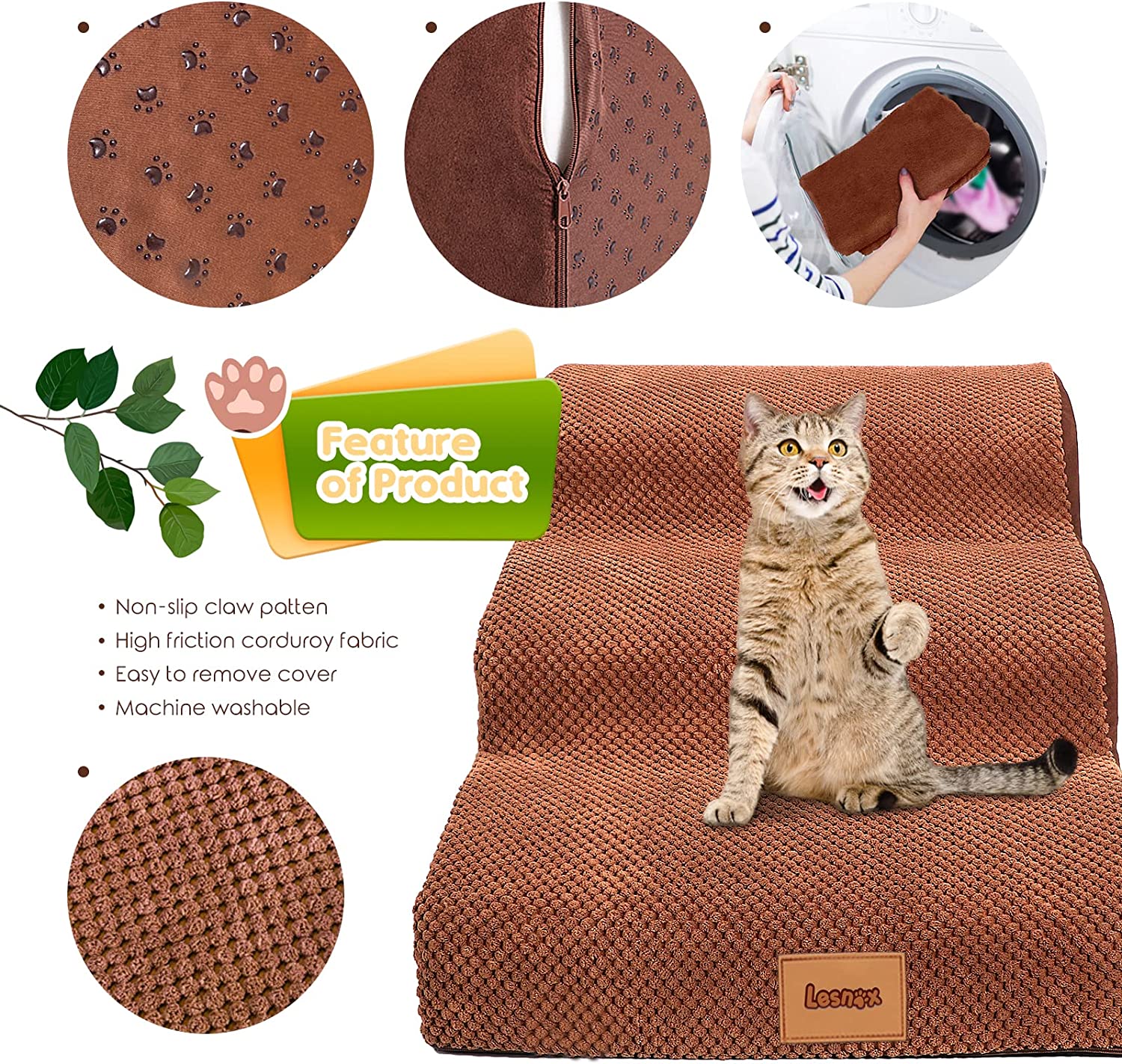 Lesnox Foam Dog Stairs/Steps 3 Tiers Pet Ramp/Ladder Non-Slip for Bed Couch Sofa for Small Dogs Cats with Old/ Injured/ Short-Legged 15.7H Br