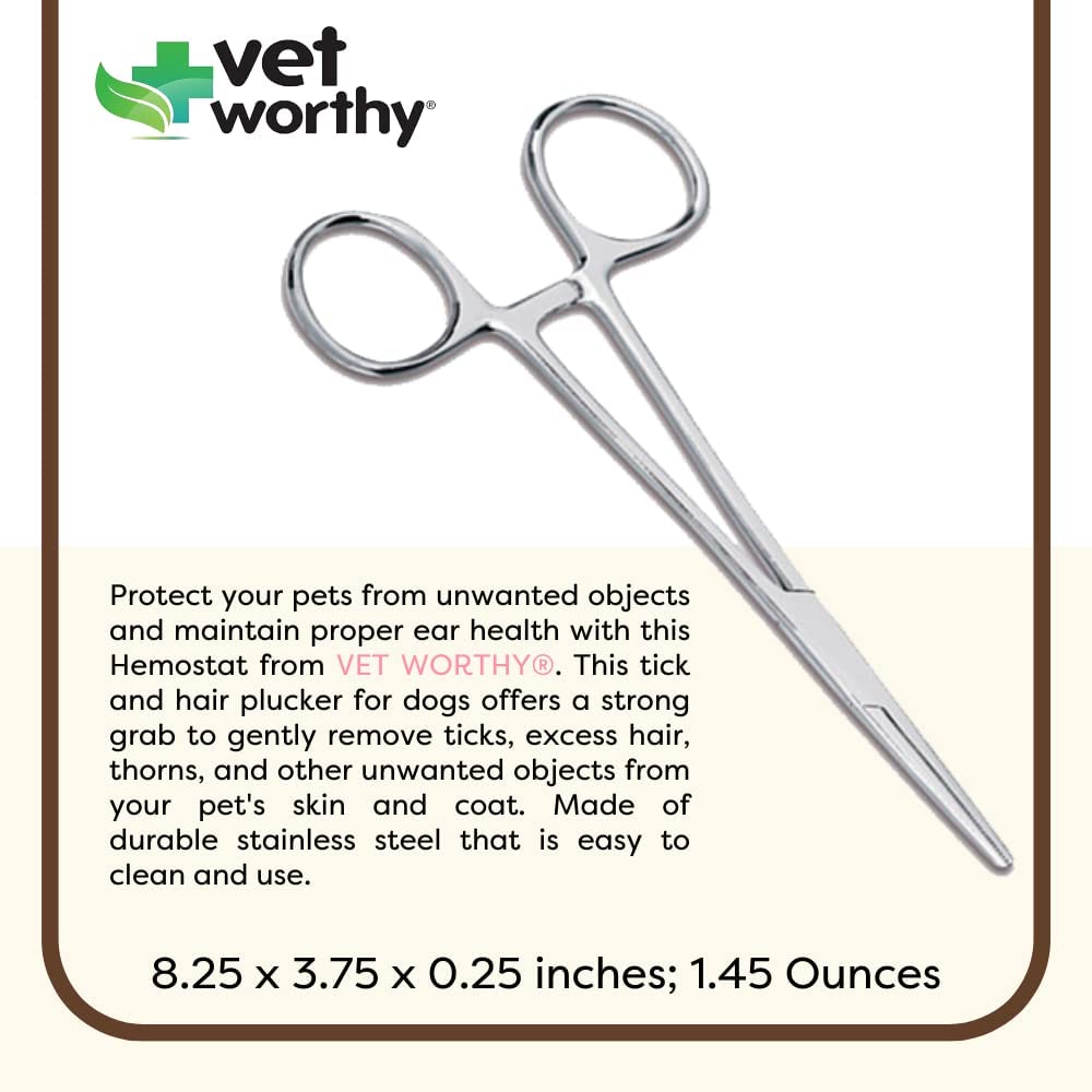 Vet Worthy Pet Hemostat - Stainless Steel Straight Hemostat to Remove Excess Hair Burrs Thorns - Professional Pet Grooming Tool for Cats and Dogs