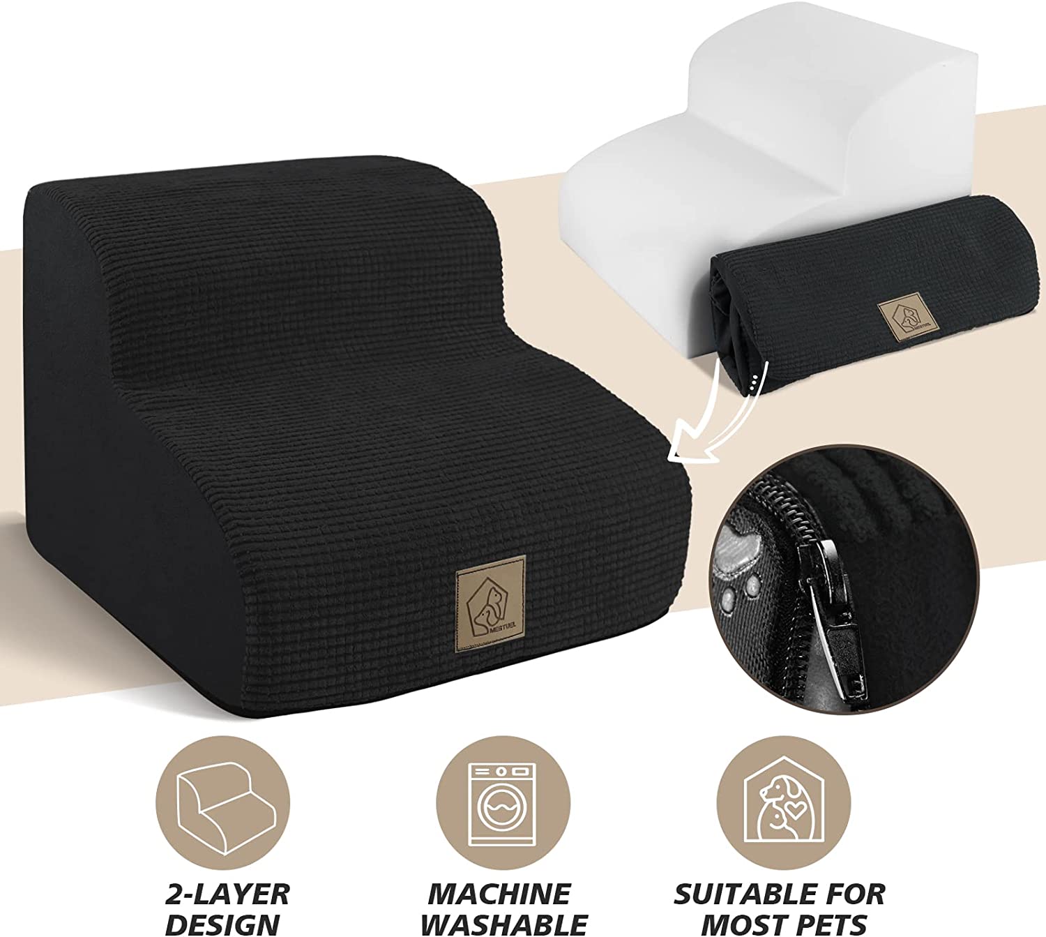 High Density Foam Pet Stairs for Dogs and Cats 2-Tiers Indoor Ramp Steps Stairs for Indoor Old Small Short Leg Dogs Nonslip Bottom with Washable Fa