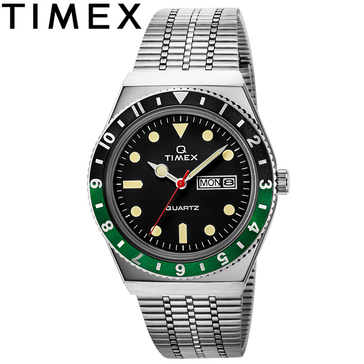 TIMEX TIMEX Q TIMEX 38mm シルバーバンド ブラック×グリーンベゼル TW2U60900 （ブラック） Q TIMEX メンズウォッチの商品画像