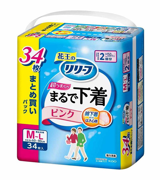 Kao Kao リリーフ パンツタイプ 超うす型まるで下着 2回分 M-Lサイズ 34枚（ピンク）× 1袋 リリーフ パンツ型おむつの商品画像