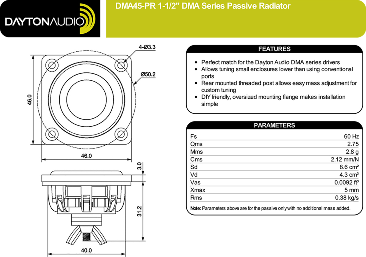 Dayton Audio DMA45-PR DMA series 4.5cm passive radiator 