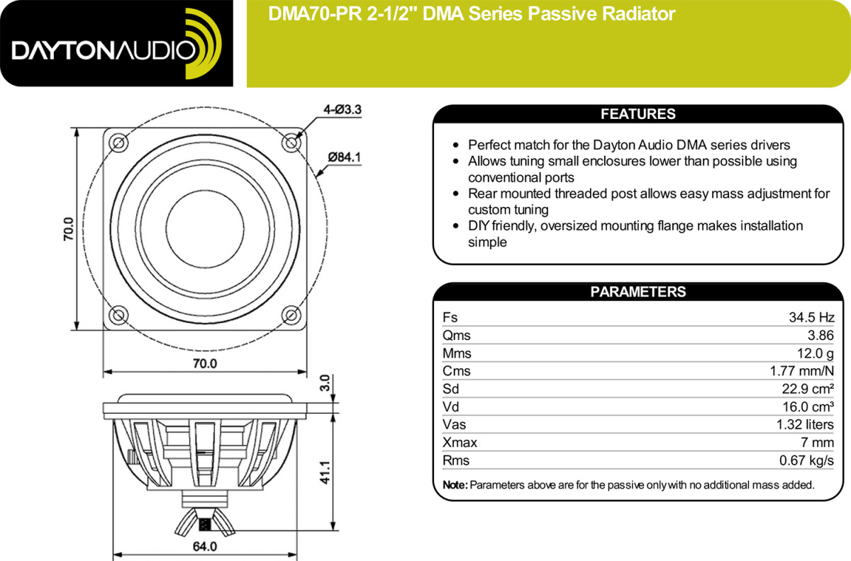 Dayton Audio DMA70-PR DMA series 7cm passive radiator 