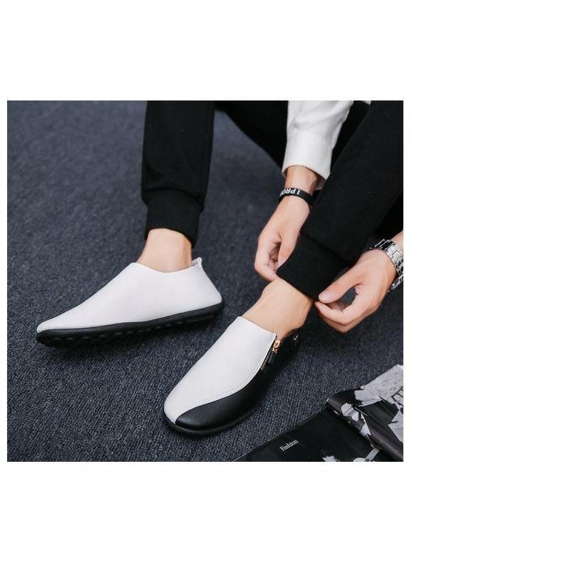  slip-on shoes men's shoes bai color side Zip leather style almond tu emblem for man shoes casual color block two-tone fas