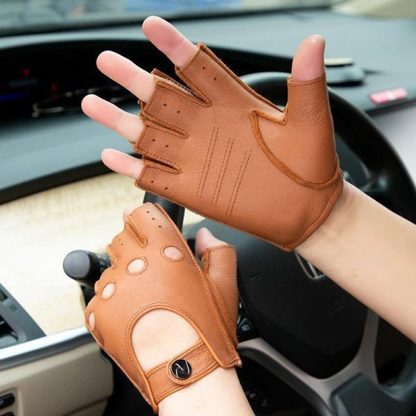  Point ..re Sachs driving gloves half finger type leather Brown tea car Drive 