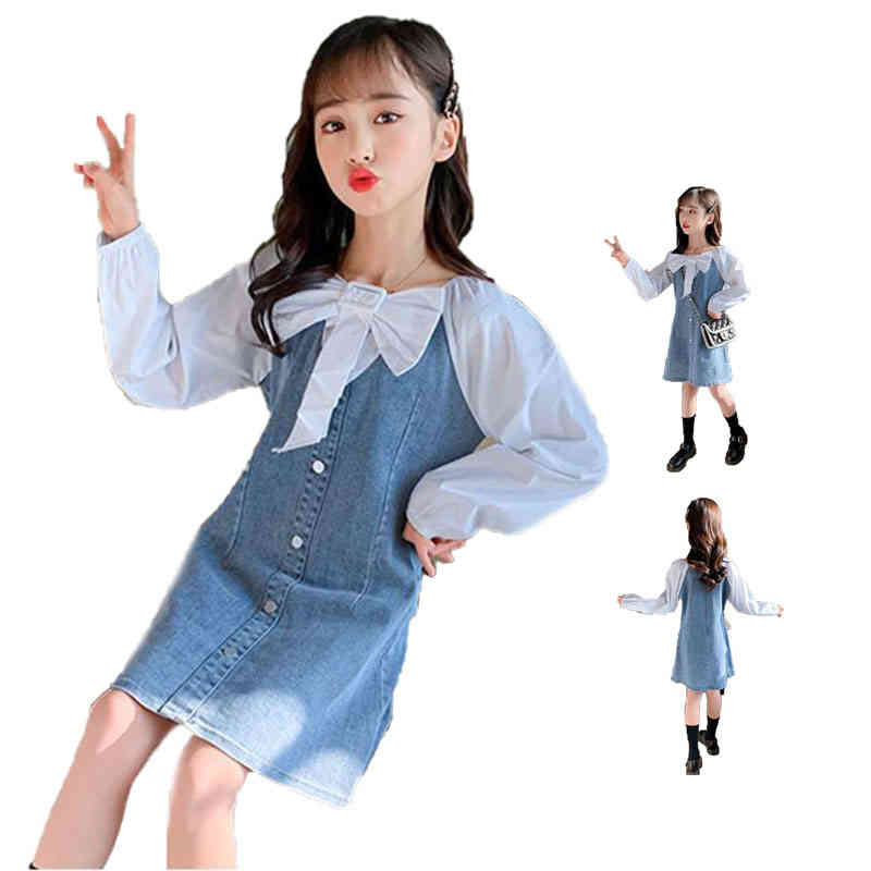  лента One-piece Kids Denim One-piece длинный рукав девочка весна осень Denim длинный One-piece модный One-piece одноцветный простой casual модный отправка 
