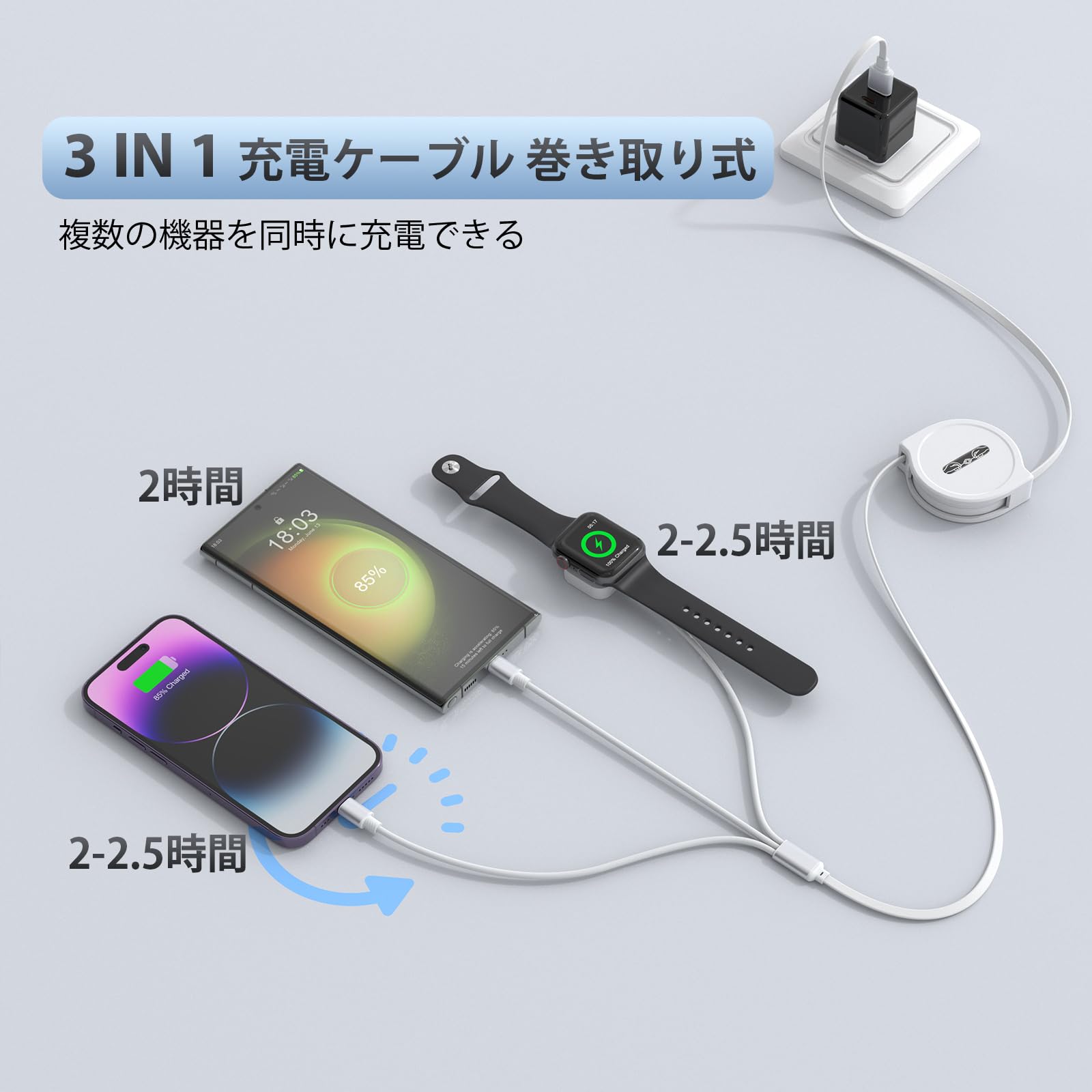 [2024 новый версия ] зарядка кабель 3in1 наматывать брать . тип iPhone Apple часы одновременно зарядка 3A внезапный скорость зарядка USB Type C кабель Apple u