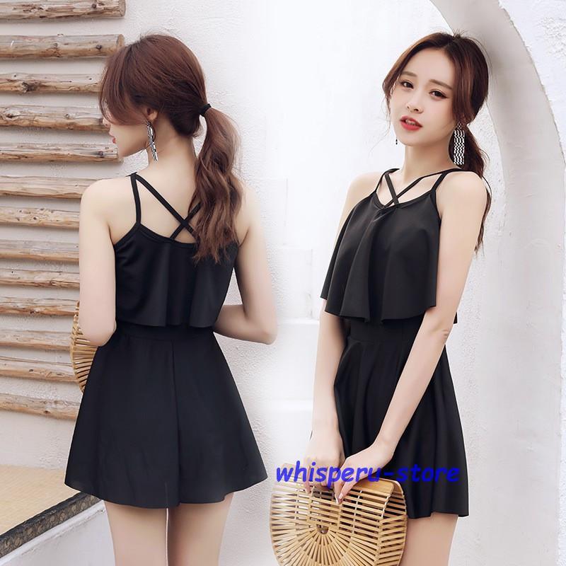  купальный костюм женский One-piece все в одном 2 позиций комплект body type покрытие сарафан модный симпатичный плечо .. одноцветный школьный купальник студент модный 