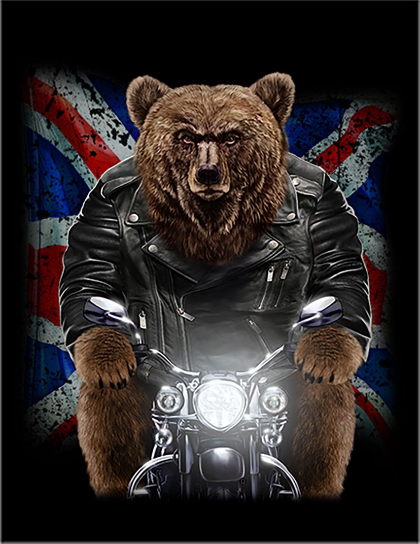 [ Grizzly Bear * bear * bear * bike * Union Jack ] postcard black background 