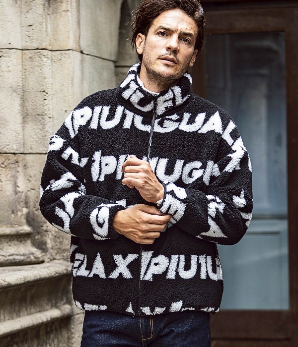 【1PIU1UGUALE3 RELAX】ボアロゴトラックジャケット 1PIU1UGUALE3 RELAX「総柄ボアロゴトラックジャケット」BLACK