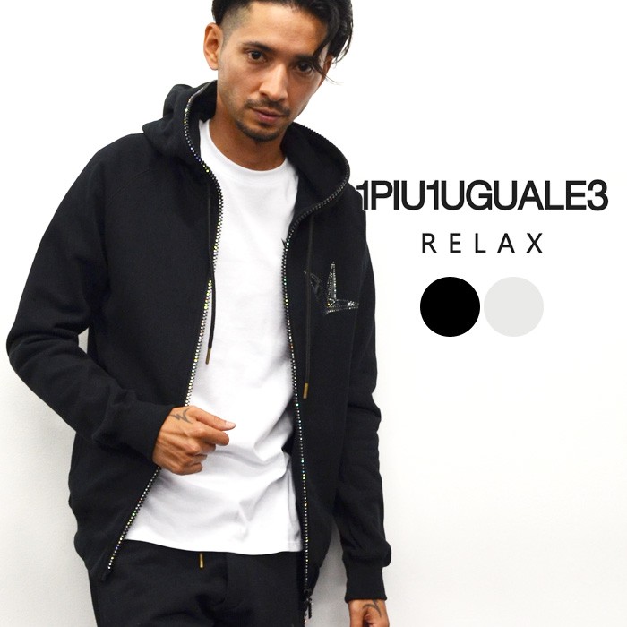 美品1piu1uguale3 RELAX 3ラインストーンジップパーカー M 黒