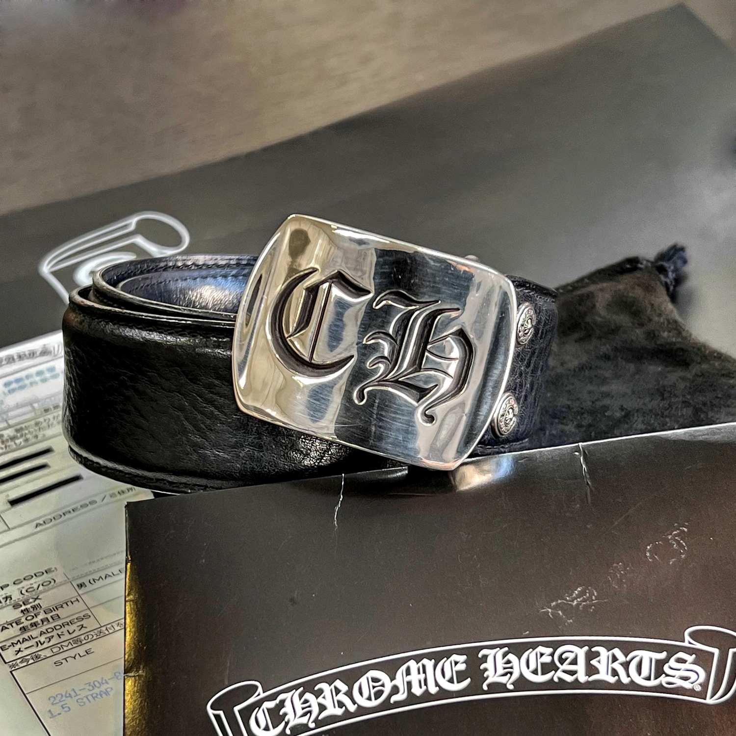 [ in voice .book@/ polish / leather sack attaching ] ultra rare CHROME HEARTS Chrome Hearts military buckle CH 1.5 -inch black leather belt 34 -inch 