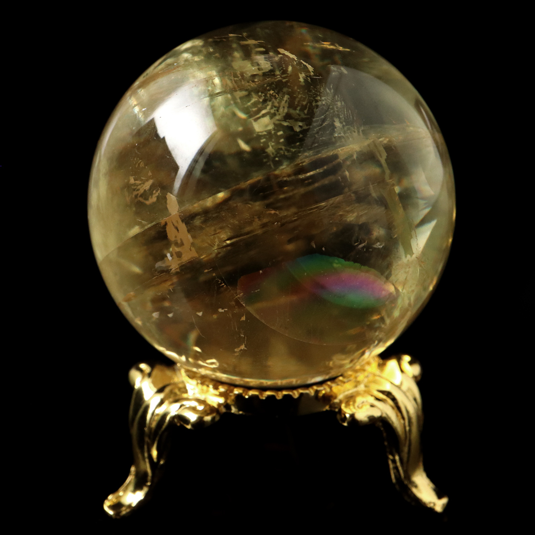 GOLD STONE ゴールデン カルサイト 丸玉 虹入り レインボー 台座付き